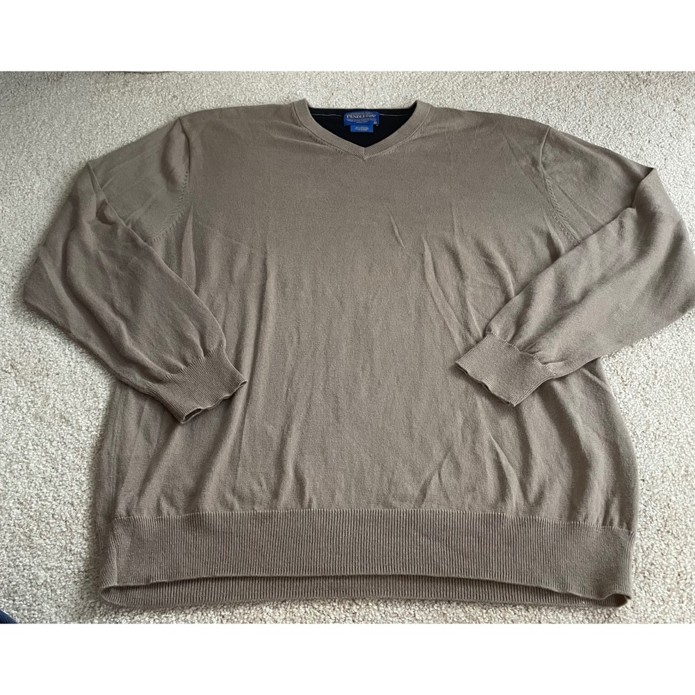 Pendleton Mens V-Neck Sweater Taupe Preppy Cotton Cashmere Blend Old Money XL